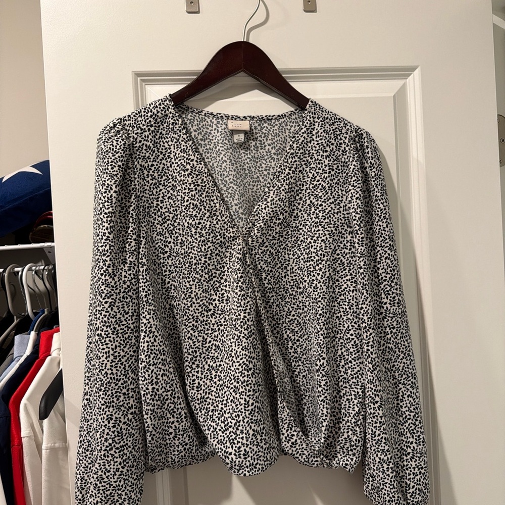 A New Day Black & White Print Wrap Blouse | Long Sleeve | Size S